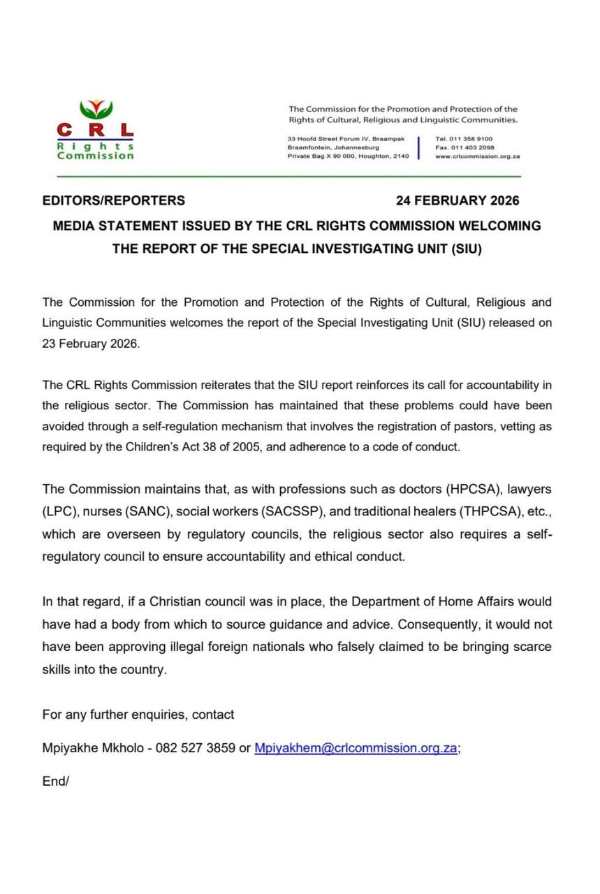 CRL Rights Commission media statement dated 24 February 2026